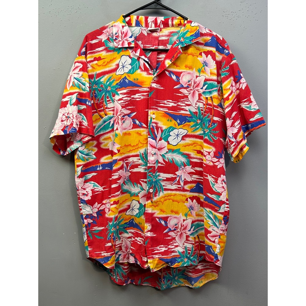 Sun Britches Shirt Mens L Red Tropical Floral Hawaiian Button Down Short Sleeve